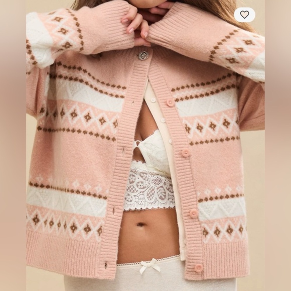 Aerie Fair Isle Button Front Cardigan Pink L Barbiecore Coquette Fairycore